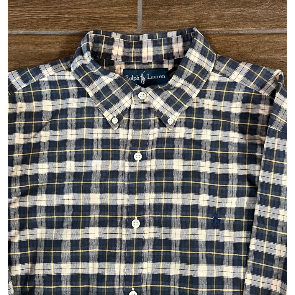 Ralph Lauren Mens XL Classic Fit Plaid Button Down Shirt Navy Yellow Cotton